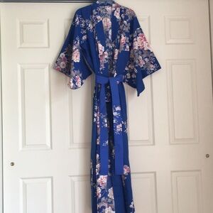 Blue and pink floral Japanese yukata kimono style robe, 100 % cotton, one size